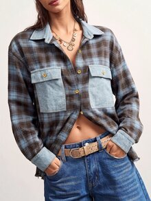 Bohemela Casual Vintage Woven Patchwork Loose Fit Women's Shirt Everyday Grey Plaid Fall - Blue - View 5