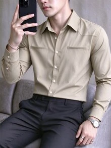 Calvornis Men's Autumn Casual Versatile Solid Color Formal Shirt - Khaki - View 3