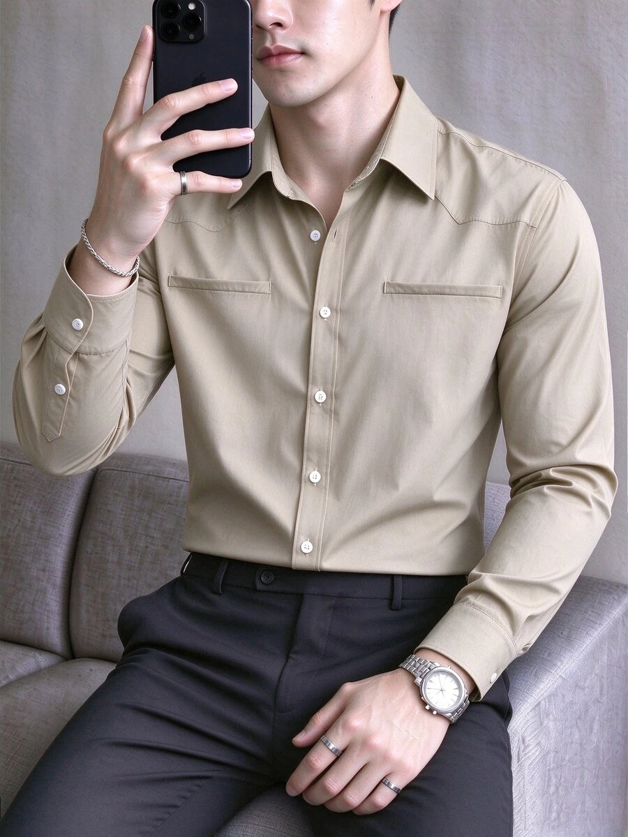 Calvornis Men's Autumn Casual Versatile Solid Color Formal Shirt - Khaki - View 1