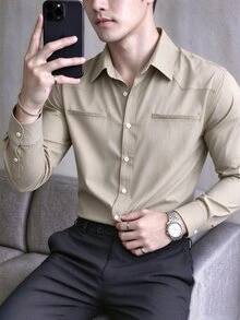 Calvornis Men's Autumn Casual Versatile Solid Color Formal Shirt - Khaki - View 4