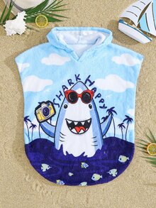 SHEIN Little Byeori Kids/Young Boy Cute Casual Flannel Cartoon Pattern Loose Hooded Swimsuit Cover-Up, Suitable For Beach, Spa, Swimming - Blue - View 3
