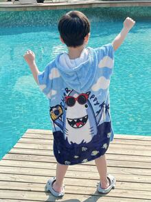 SHEIN Little Byeori Kids/Young Boy Cute Casual Flannel Cartoon Pattern Loose Hooded Swimsuit Cover-Up, Suitable For Beach, Spa, Swimming - Blue - View 4