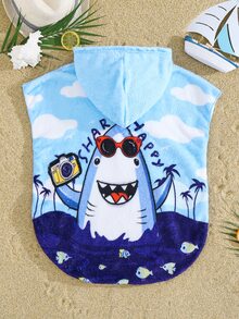 SHEIN Little Byeori Kids/Young Boy Cute Casual Flannel Cartoon Pattern Loose Hooded Swimsuit Cover-Up, Suitable For Beach, Spa, Swimming - Blue - View 2
