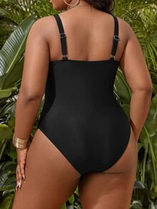 Slaydiva Plus Size Women's Geometric Print One-Piece Swimsuit, Suitable For Beach Vacation, Pool Party, Beach Party Black Summer Sexy Elegant - Black and White - View 3