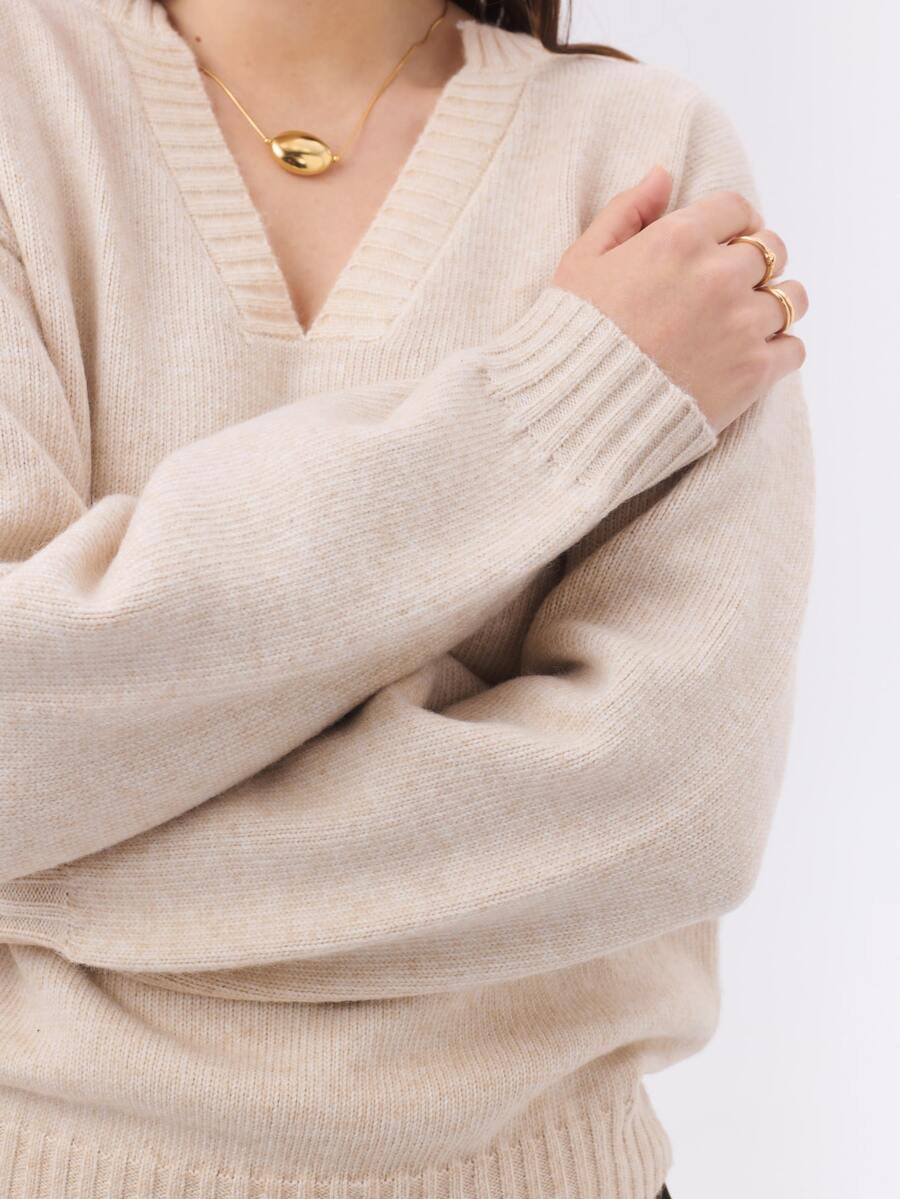 KÆRIA Hus Relaxed V-Neck Sweater - Elevated Heritage Knit - Soft Cream Marle - Cosy Winter Layering, Rib Trims - Apricot - View 1