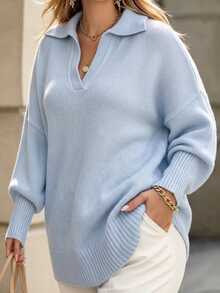 Linhara Plus Size Women's Autumn/Winter Gentle Lazy Casual Light Blue Lapel V-Neck Dropped Shoulder Long Sleeve Loose Pullover Sweater, Suitable For Daily Wear, Commuting And Other Occasions - Baby Blue - View 4