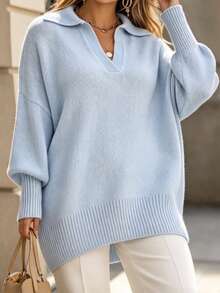 Linhara Plus Size Women's Autumn/Winter Gentle Lazy Casual Light Blue Lapel V-Neck Dropped Shoulder Long Sleeve Loose Pullover Sweater, Suitable For Daily Wear, Commuting And Other Occasions - Baby Blue - View 2