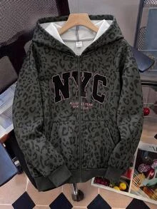 SHEIN Tween Girl Autumn/Winter Daily Kids Street Style Leopard Print Letter Slogan New York City Graphic Hooded Zip-Up Oversize Jacket Dark Gray Y2K - Dark Grey - View 1