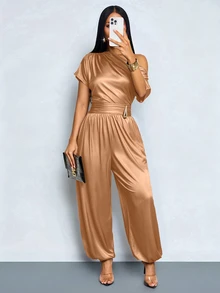 SOLERSUN Women's Elegant Mature Solid Orange Coffee Jumpsuit One-Shoulder Metal Buckle Loose-Fit Lantern Trousers Summer Party Dinner Wedding Dinner - Rust Brown - View 5