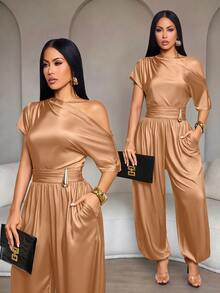 SOLERSUN Women's Elegant Mature Solid Orange Coffee Jumpsuit One-Shoulder Metal Buckle Loose-Fit Lantern Trousers Summer Party Dinner Wedding Dinner - Rust Brown - View 9