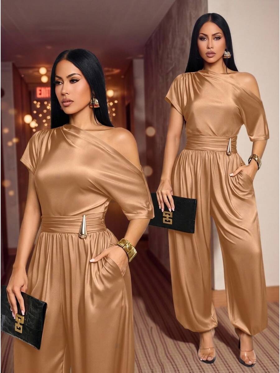 SOLERSUN Women's Elegant Mature Solid Orange Coffee Jumpsuit One-Shoulder Metal Buckle Loose-Fit Lantern Trousers Summer Party Dinner Wedding Dinner