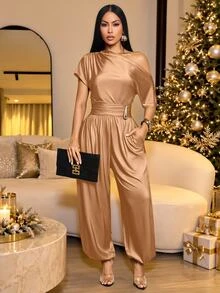 SOLERSUN Women's Elegant Mature Solid Orange Coffee Jumpsuit One-Shoulder Metal Buckle Loose-Fit Lantern Trousers Summer Party Dinner Wedding Dinner - Rust Brown - View 10