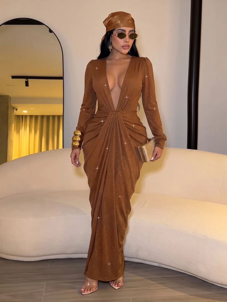 SOLERSUN Women's Autumn/Winter Brown Sequins Plunge V Neck Ruched Maxi Dress Long Sleeve Draped Bodycon Elegant Party Dress - Brown - View 1