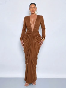 SOLERSUN Women's Autumn/Winter Brown Sequins Plunge V Neck Ruched Maxi Dress Long Sleeve Draped Bodycon Elegant Party Dress - Brown - View 5