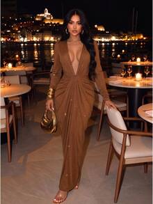 SOLERSUN Women's Autumn/Winter Brown Sequins Plunge V Neck Ruched Maxi Dress Long Sleeve Draped Bodycon Elegant Party Dress - Brown - View 8