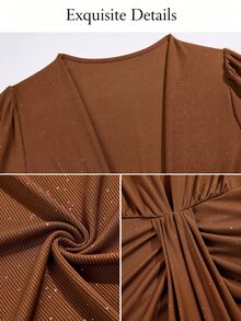 SOLERSUN Women's Autumn/Winter Brown Sequins Plunge V Neck Ruched Maxi Dress Long Sleeve Draped Bodycon Elegant Party Dress - Brown - View 7