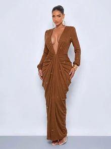 SOLERSUN Women's Autumn/Winter Brown Sequins Plunge V Neck Ruched Maxi Dress Long Sleeve Draped Bodycon Elegant Party Dress - Brown - View 6