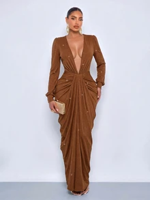 SOLERSUN Women's Autumn/Winter Brown Sequins Plunge V Neck Ruched Maxi Dress Long Sleeve Draped Bodycon Elegant Party Dress - Brown - View 4