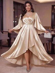 Auveirra فستان سهرة رسمي أنيق وكاجوال بمقاس كبير، لون موحد، مناسب للحفلات والعشاء والزفاف، أصفر خريفي، رأس السنة - لون مشمشي - مشاهدة 1