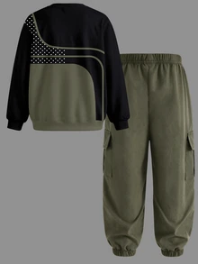 Teen Boys Striped Polka Dot Horse Logo Print Black & Green Colorblock Versatile Comfortable Crew Neck Sweatshirt + Army Green Jogger Cargo Pants Set, Suitable For All Seasons - Multicolor - View 2