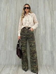 Breezaya Women's Fashion Versatile Casual Pocketed Zipper Straight-Leg Jeans Everyday Coffee Brown Summer - Army Green - View 2