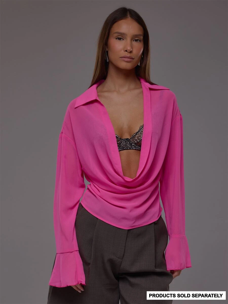 MUSERA Pink Chiffon Sheer Plunge Front Shirt Autumn Fall Winter Cute Everyday Office Corporate Romance - Pink - View 1