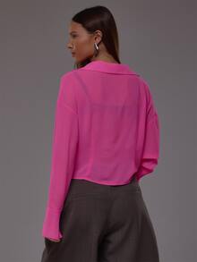 MUSERA Pink Chiffon Sheer Plunge Front Shirt Autumn Fall Winter Cute Everyday Office Corporate Romance - Pink - View 4