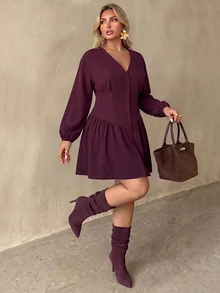 Auralis Fall V-Neck Purple-Red Plus Size Cinched Waist Shirt-Style A-Line Flared Mini Dress Button-Decorated Retro Casual Elegant Date Night Going Out Dress - Red Violet - View 5