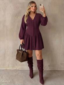 Auralis Fall V-Neck Purple-Red Plus Size Cinched Waist Shirt-Style A-Line Flared Mini Dress Button-Decorated Retro Casual Elegant Date Night Going Out Dress - Red Violet - View 2