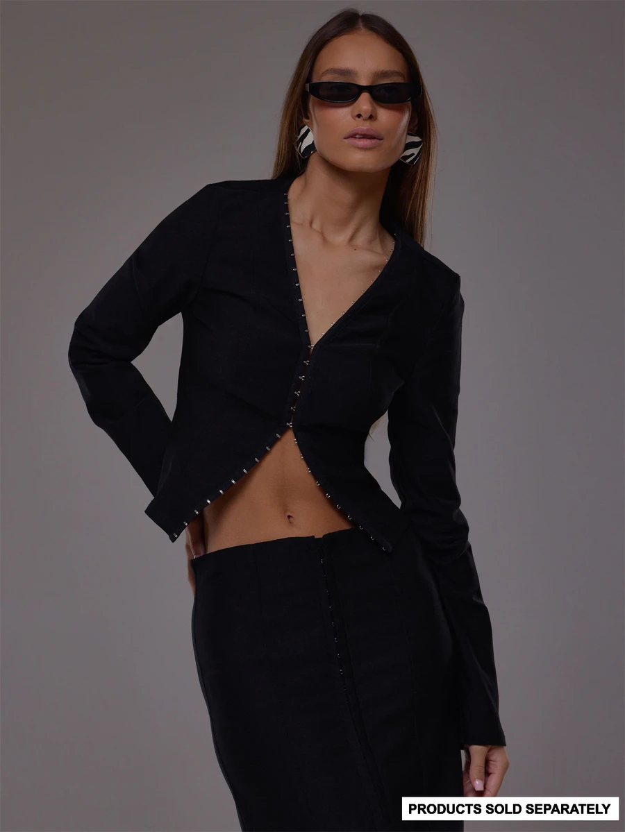 MUSERA Black Hook Eye Cropped Blazer Autumn Fall Winter Cute Everyday Office Corporate Romance - Black - View 1