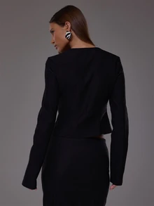 MUSERA Black Hook Eye Cropped Blazer Autumn Fall Winter Cute Everyday Office Corporate Romance - Black - View 4