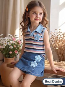 SHEIN 2pcs/Set Young Girl Summer New Colorful Knitted Fabric Small Lapel Collar Colorblock Floral 3D Decor Tank Top + Denim Skorts Retro Cute Outfit - Blue - View 2