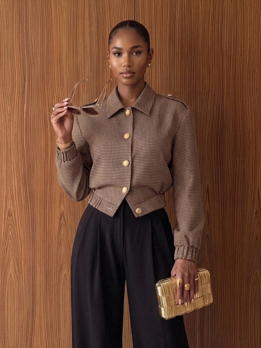 Lumalex Houndstooth Bomber Blazer Spread Collar Gold Buttons Long Sleeves Elastic Hem Relaxed Tailored Fit,Autumn And Winter - Multicolor - View 1
