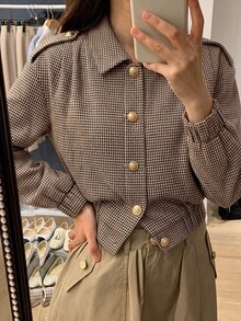Lumalex Houndstooth Bomber Blazer Spread Collar Gold Buttons Long Sleeves Elastic Hem Relaxed Tailored Fit,Autumn And Winter - Multicolor - View 9