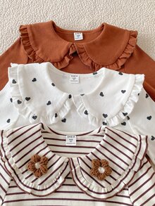 SHEIN Girls' Spring/Autumn Long Sleeve Base Layer Top, Doll Collar With Ruffle Cuffs And Hem, Wavy Edge, Available In White Print Heart, Solid Coffee, And Brown/White Striped Styles With 3D Flower Decoration, Comfortable And Minimalist For Indoor And Outdoor Wear - Multicolor - View 8
