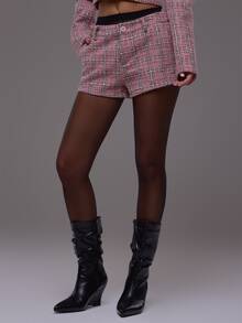 MUSERA Pink Woven Plaid Tailored Shorts Autumn Fall Winter Cute Everyday Office Corporate Romance - Pink - View 3
