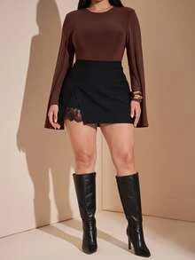 SHEIN CURVE+ Plus Size Women's Black Versatile A Line Mini Skirt, Party Elegant, Christmas - Black - View 4