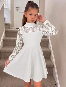 SHEIN Tween Girl Tween Girls White Lace Patchwork Dress, Comfortable Soft Casual Versatile Fashion Elegant Formal Occasion - White - View 1