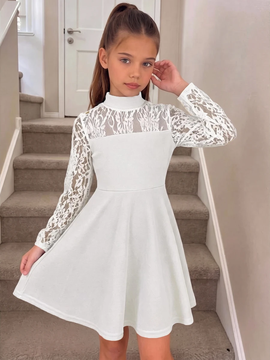 SHEIN Tween Girl Tween Girls White Lace Patchwork Dress, Comfortable Soft Casual Versatile Fashion Elegant Formal Occasion - White - View 1
