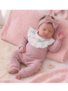 SHEIN Newborn Cute Knitted Colorblock Kids Kids Bow Ruffle Long Sleeve Jumpsuit Loungewear - Pink - View 6