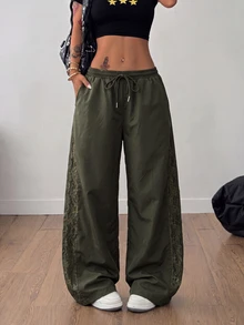 Coolane Women's All-Season Streetwear Sexy Y2k Going Out Casual Back To School Army Green Contrast Lace Low Rise Wide Leg Pants - Army Green - View 5