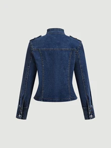 Slaydiva Plus Size Women's Double-Breasted Casual Versatile Daily Denim Jacket - Blue - View 8