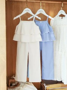 SHEIN Young Girls 2-Sets White Beige Blue Striped Cami Top Pants Set, Toddler Kids Winter Layered Ruffles Blouse, Girls Everyday Basic Holiday Vacation Sets - Blue and White - View 7
