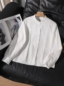 SHEIN 女童休閒時尚經典優雅梭織布襯衫，秋季上衣，寬鬆版型，舒適，適合春秋穿著 - 白色 - 查看 10