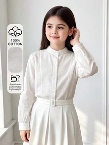 SHEIN 女童休閒時尚經典優雅梭織布襯衫，秋季上衣，寬鬆版型，舒適，適合春秋穿著 - 白色 - 查看 3