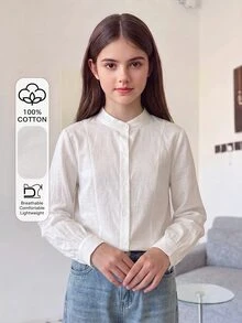 SHEIN 女童休閒時尚經典優雅梭織布襯衫，秋季上衣，寬鬆版型，舒適，適合春秋穿著 - 白色 - 查看 2