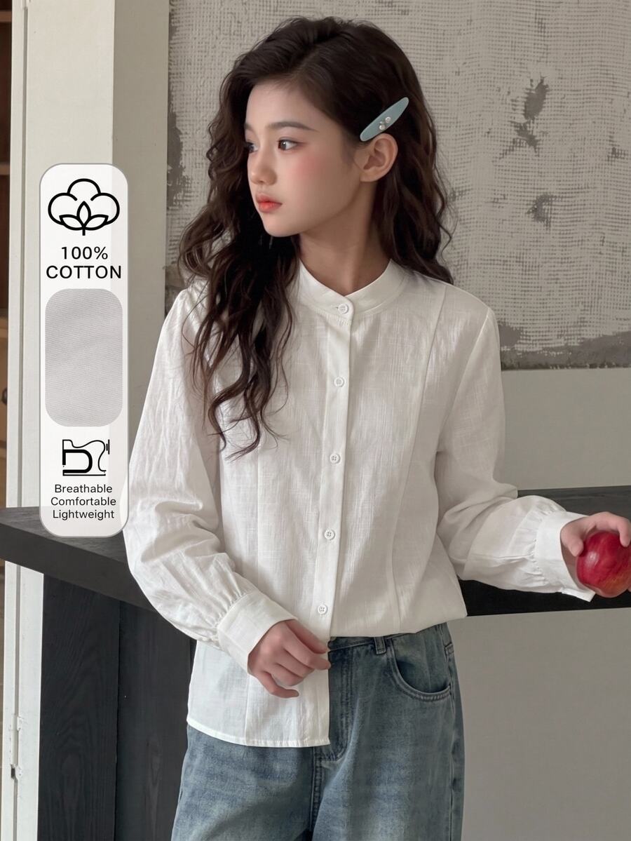 SHEIN 女童休閒時尚經典優雅梭織布襯衫,秋季上衣,寬鬆版型,舒適,適合春秋穿著 - 白色 - 查看 1