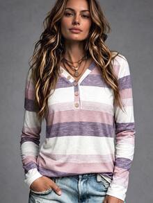 Omancia Long Sleeve V-Neck Button Decor Casual Multicolor Striped Women T-Shirt Graphic Tees Women Tops For Spring Outfit - Mauve Purple - View 3