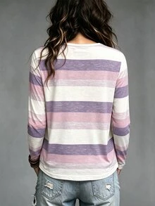 Omancia Long Sleeve V-Neck Button Decor Casual Multicolor Striped Women T-Shirt Graphic Tees Women Tops For Spring Outfit - Mauve Purple - View 2