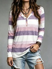 Omancia Long Sleeve V-Neck Button Decor Casual Multicolor Striped Women T-Shirt Graphic Tees Women Tops For Spring Outfit - Mauve Purple - View 4